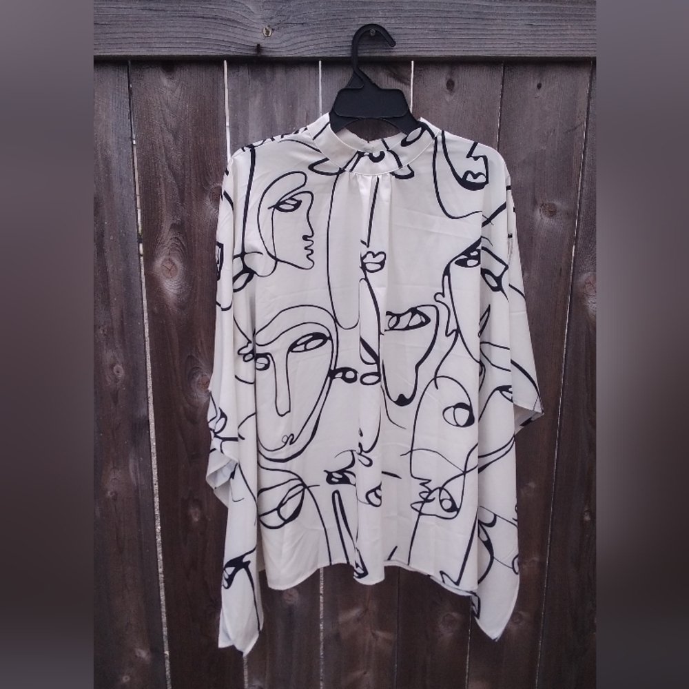 Womens Plus 3X Blouse Kimono Top Shirt Silky Pullover Faces Print Artsy To Wear - Picture 2 of 5